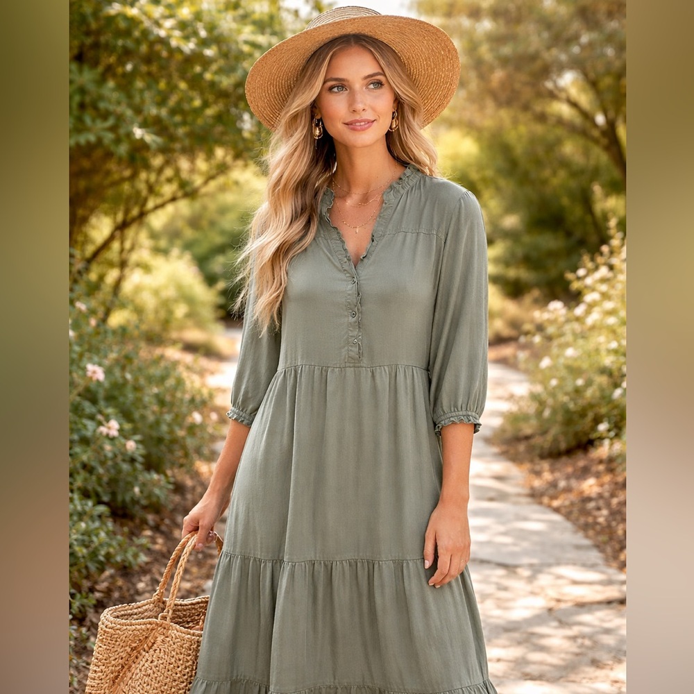 Westbound Naturals Green Lyocell Boho Midi Dress XL Flowy Ruffle